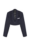 Kesik Detaylı Çizgili Crop Blazer Ceket Lacivert