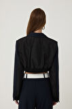 Kesik Detaylı Çizgili Crop Blazer Ceket Lacivert