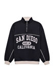 Balıkçı Yaka Yazılı Oversize Sweatshirt Lacivert
