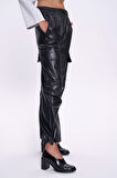 Kargo Cep Beli Lastikli Deri Pantolon Siyah