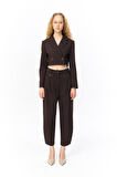 Vatka Detaylı Crop Blazer Ceket Kahverengi