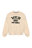 Kolu Fermuarlı Yazı Baskılı Sweatshirt Bej