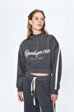 Şerit Detaylı Fermuarlı Crop Sweatshirt Antrasit