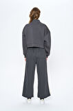Şerit Detaylı Fermuarlı Crop Sweatshirt Antrasit