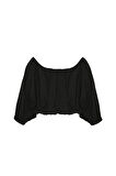 Düşük Omuz Balon Kol Bluz Siyah