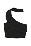 Boyun Detaylı Crop Bluz Siyah