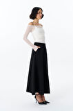 Beli Lastikli Pileli Midi Etek Siyah