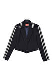 Yazı Şeritli Tek Düğmeli Crop Blazer Ceket Lacivert