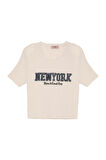 New York Baskılı Crop Triko Ekru
