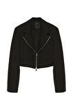 Önden Fermuarlı Crop Blazer Ceket Siyah