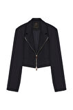 Önden Fermuarlı Crop Blazer Ceket Lacivert