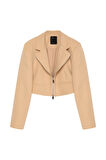 Önden Fermuarlı Crop Blazer Ceket Bej