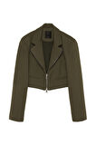 Önden Fermuarlı Crop Blazer Ceket Haki