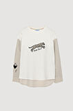 Çizgili Garnili Leopar Baskılı Sweatshirt Ekru