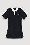 Polo Yaka Pileli Mini Elbise Lacivert