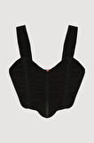 Dantel Detaylı Drapeli Crop Bluz Siyah