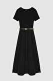 Beli Kemerli Basic Midi Elbise Siyah