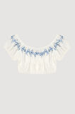 Nakış Detaylı Balon Kol Crop Bluz Ekru