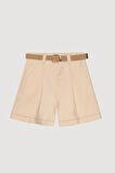 Hasır Kemer Aksesuarlı Pile Detaylı Mini Şort Bej