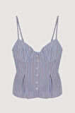 Çizgili Pile Detaylı İnce Askılı Bluz Mavi