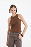 Halter Yaka Basic Fitilli Atlet Kahverengi