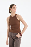 Halter Yaka Basic Fitilli Atlet Kahverengi