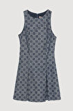 Dama Desenli Halter Yaka Mini Elbise İndigo