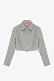 Gömlek Yaka Fermuarlı Kısa Ceket Gri