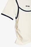 Atlet Detaylı Yan Büzgülü Bisiklet Yaka Tişört Ekru