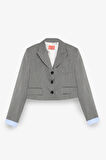 Kumaş Garnili Cep Detaylı Crop Blazer Ceket Gri