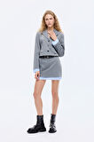 Kumaş Garnili Cep Detaylı Crop Blazer Ceket Gri