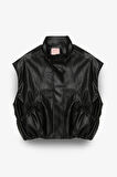 Büzgü Detaylı Dik Yaka Deri Yelek Siyah