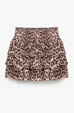 Fırfır Katlı Leopar Desenli Mini Etek Bej
