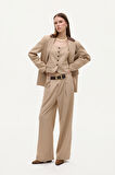 Kemerli Pileli Yüksek Bel Palazzo Pantolon Bej