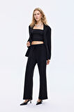 Dikiş Detaylı Yumuşak Dokulu Bol Paça Pantolon Siyah
