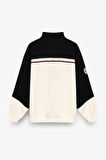 Dik Yaka Fermuarlı Renk Bloklu Oversize Sweatshirt Ekru