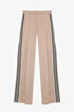 Şerit Detaylı Pileli Yüksek Bel Bol Paça Pantolon Bej