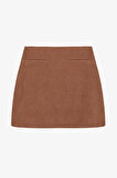 Fitilli Cep Detaylı Kadife Mini Etek Kahverengi