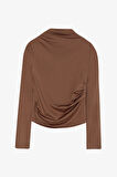 Drapeli Yüksek Yaka Uzun Kollu Basic Bluz Kahverengi