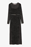 Kemer Aksesuarlı Puantiyeli Transparan Midi Elbise Siyah