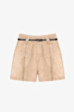 Süet Görünümlü Kemer Aksesuarlı Mini Şort Bej