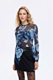 Sulu Boya Çiçek Desenli Asimetrik Tül Bluz Lacivert