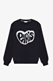Paris Baskılı Oversize Sweatshirt Lacivert