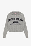 Brooklyn Yazılı Yarım Fermuarlı Triko Kazak Gri