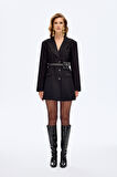 Kemerli Çanta Aksesuarlı Blazer Ceket Elbise Siyah