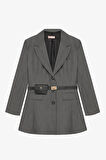 Kemerli Çanta Aksesuarlı Blazer Ceket Elbise Gri
