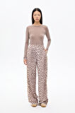 Leopar Desenli Şeritli Bol Paça Pantolon Kahverengi