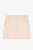 Cep Detaylı Tüylü Mini Etek Ekru