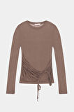 Yan Büzgülü Bağcıklı Transparan Bluz Bej