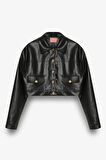 Çift Cepli Düğmeli Crop Deri Ceket Siyah
